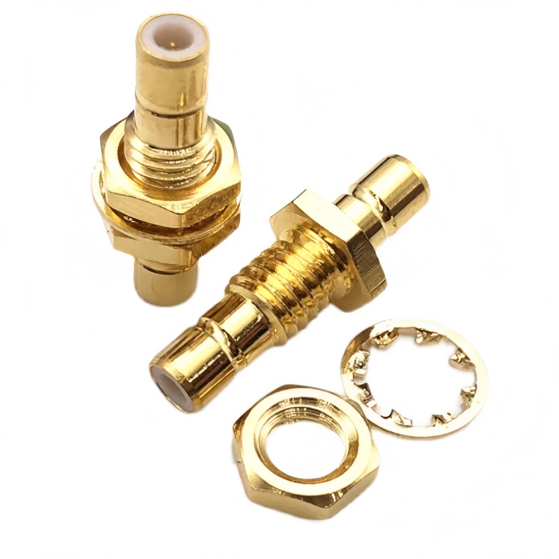 50 Ω SMB Male to Male Bulkhead RF Adapter for PCB Mount with Brass Body and Gold-Plated Contacts