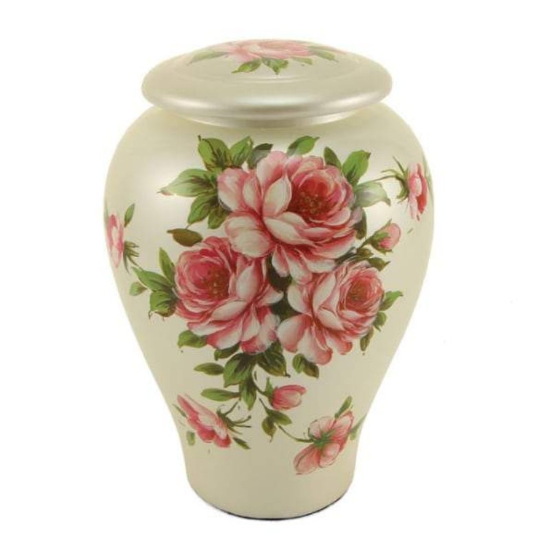 Ivory Ceramic Cremation Urn with Pink Rose Design