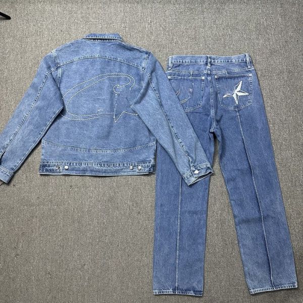 Men's Outerwear Blue Jeans Sets Washed Printing Denim Jacket Set Weaving Method Woven