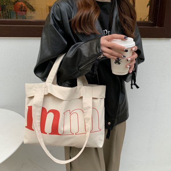 Customized Logo Simple Casual Letter Canvas Bag for Spring Summer Green Shoulder Bag
