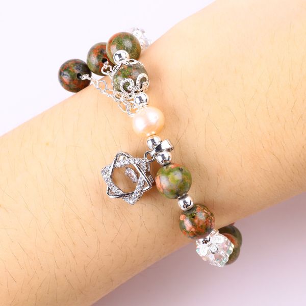 Unakite Stone And Pink Pearl With Star Charm Healing Balance Bead Bracelet For Jewelry Gift