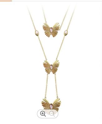 18K Gold Plated Stainless Steel Jewelry Double Chain Pink Zircon Butterfly Pendant Accessories Necklaces