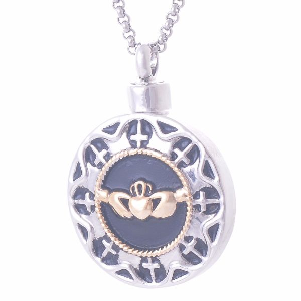 OEM/ODM Round Shape Two Tone Hug My Heart Screw Urn Cross Pendant Necklace Memorial Cremation Jewelry