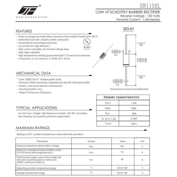 Low Vf Schottky Barrier Rectifier Diode SR1200L with DO-41 Package and Alloy Structure