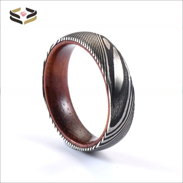 Bagues de mariage en acier damas gravé de 6 mm et 8 mm avec incrustation de manchon en bois de rose pour cadeau de Noël Type de bijoux Bagues Matériaux