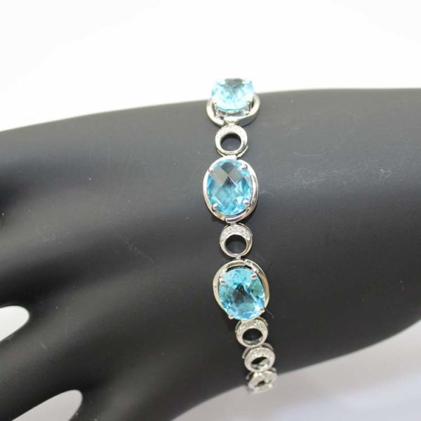 Fashion Jewelry Created Blue Topaz Cubic Zircon 925 Silver Link Chain Bracelet (H01)
