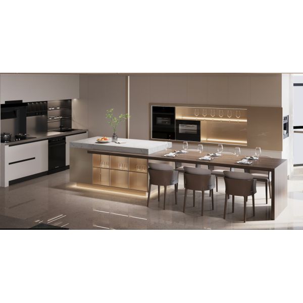 Wood Grain Stainless Steel Kitchen Cabinet with Wine Cooler & LED