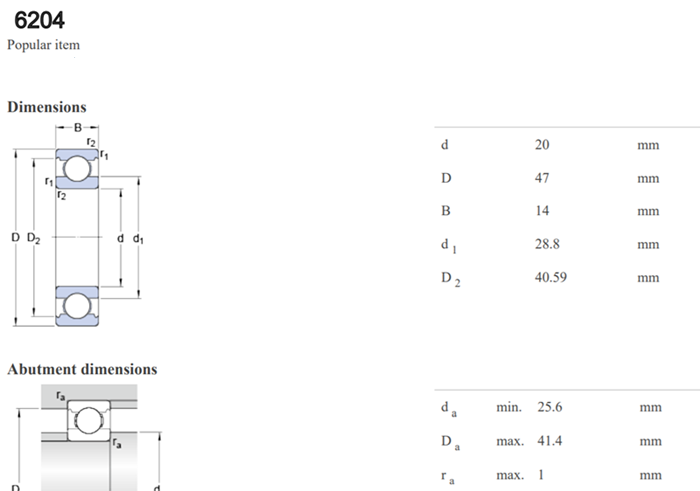 6204 Deep Groove Ball Bearing Single Row 20×47×14mm For Electric Motors