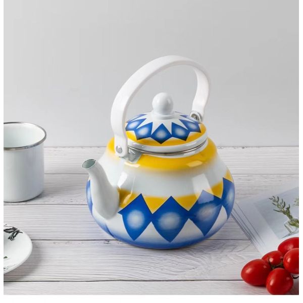 Customized Logo Enamelled Kettle Teapot Coffee Pot With Red Blue Yellow Geometric Pattern