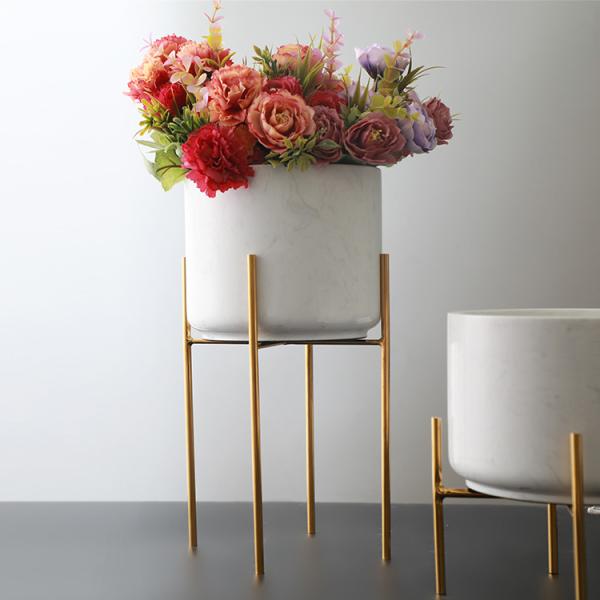 White marble ceramic decorative flower planter pots White Marble and Brass Gold Stand