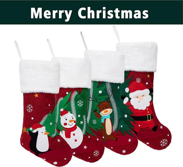 Set of 4 Family Christmas Stockings Carry The Tree Together Embroidery Red Burlap Soft Faux Fur 20 Inches for Decoration