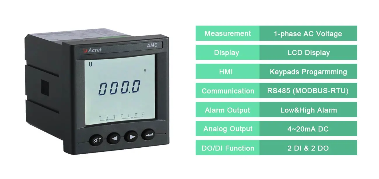 Acrel AMC72L-AV однофазный выходный ток связи RS485 4-20mA с номинальным напряжением на ЖК-дисплее AC 100V 400V