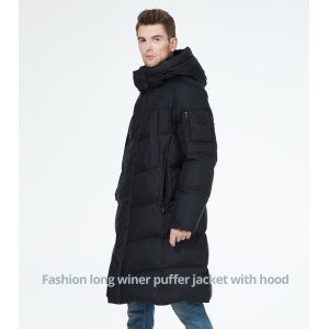 Double Layer Cuff Long Jacket Pocket With Hood Mens Parka Coat With Stand Collar