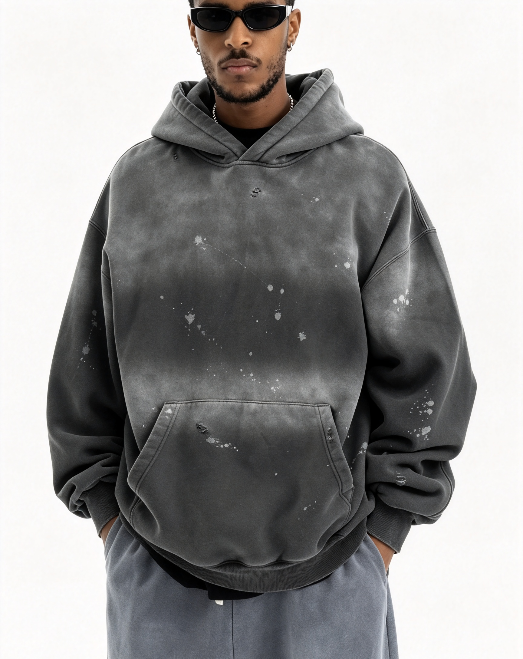400G Heavyweight Fleece Lined Gradient Washed Distressed Hoodie, Oversized American Retro Pullover Hooded Sweatshirt 4 Colors Cross-Border Wholesale