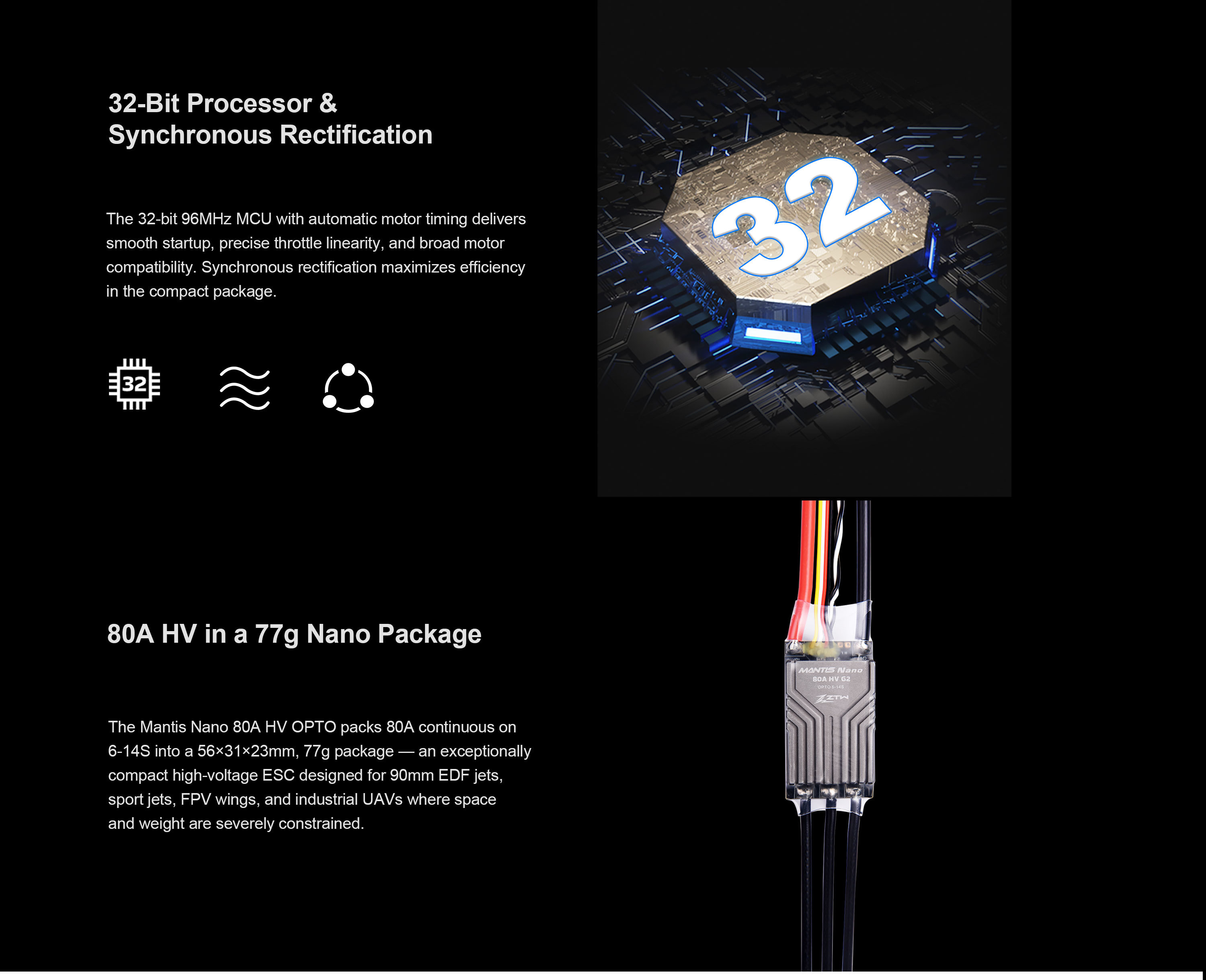 Mantis Nano 80A HV OPTO G2 32 Bit Compact FPV ESC 6S-14S ZTW ESC