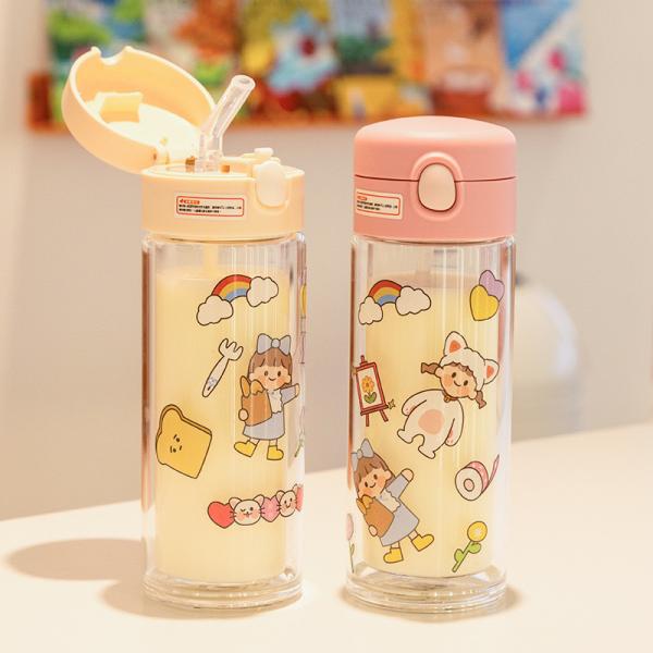 One Touch Click Open Double Wall Insulation Glass Water Bottles With Straw