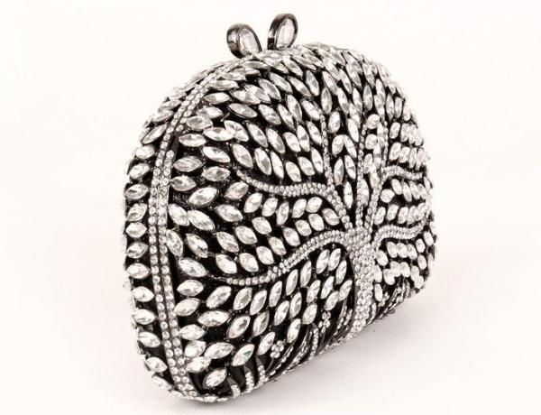 Encrusted Crystal Silver Clutch Evening Bag Large Srorage Space And Pearl Lock