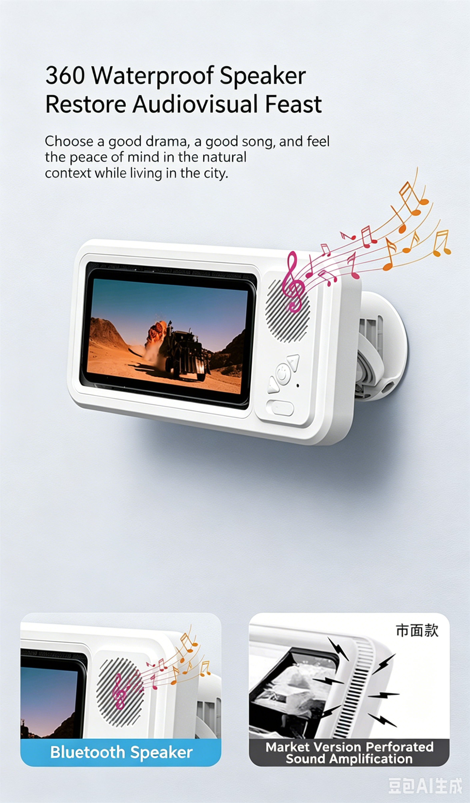 IPX6 Waterproof Shower Phone Holder with Bluetooth 5.3 Speaker, 12H Playtime, Touch Screen, Wall Mount
