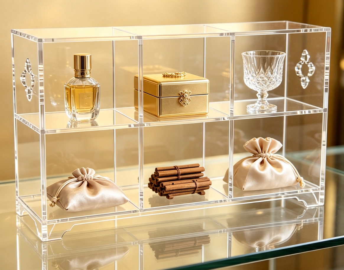Clear Acrylic 6 Compartment Display Stand, Luxury Desktop Organizer for Perfume, Jewelry, Teaware & Premium Collectibles