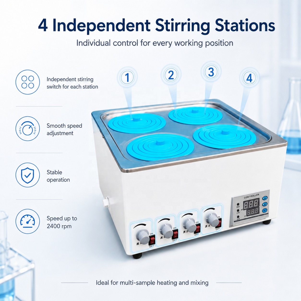 Cenlee 4-Position Magnetic Stirring Water Bath, 800W RT-100°C ±0.5°C for Biology and Pharmaceutical Laboratories