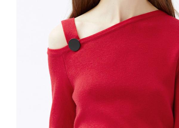 Chinese Red Single Strap Slop Shouder Womens Knit Pullover Long Sleeves Knitwear