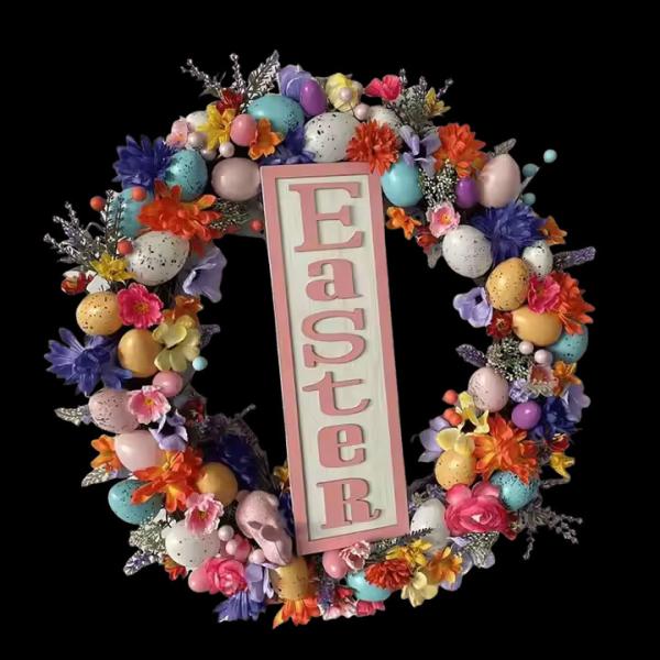 Senmasine Egg Easter Wreath for Front Door Hanging Spring Decor Mixed Colorful Plastic Eggs Artificial Leaves Flowers Wreaths