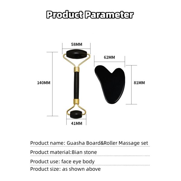 Muscle Massage Custom Black Bian Stone Gua Sha Scraping Board Guasha Face Roller Gift Box Set for Spa Skin Care Routine