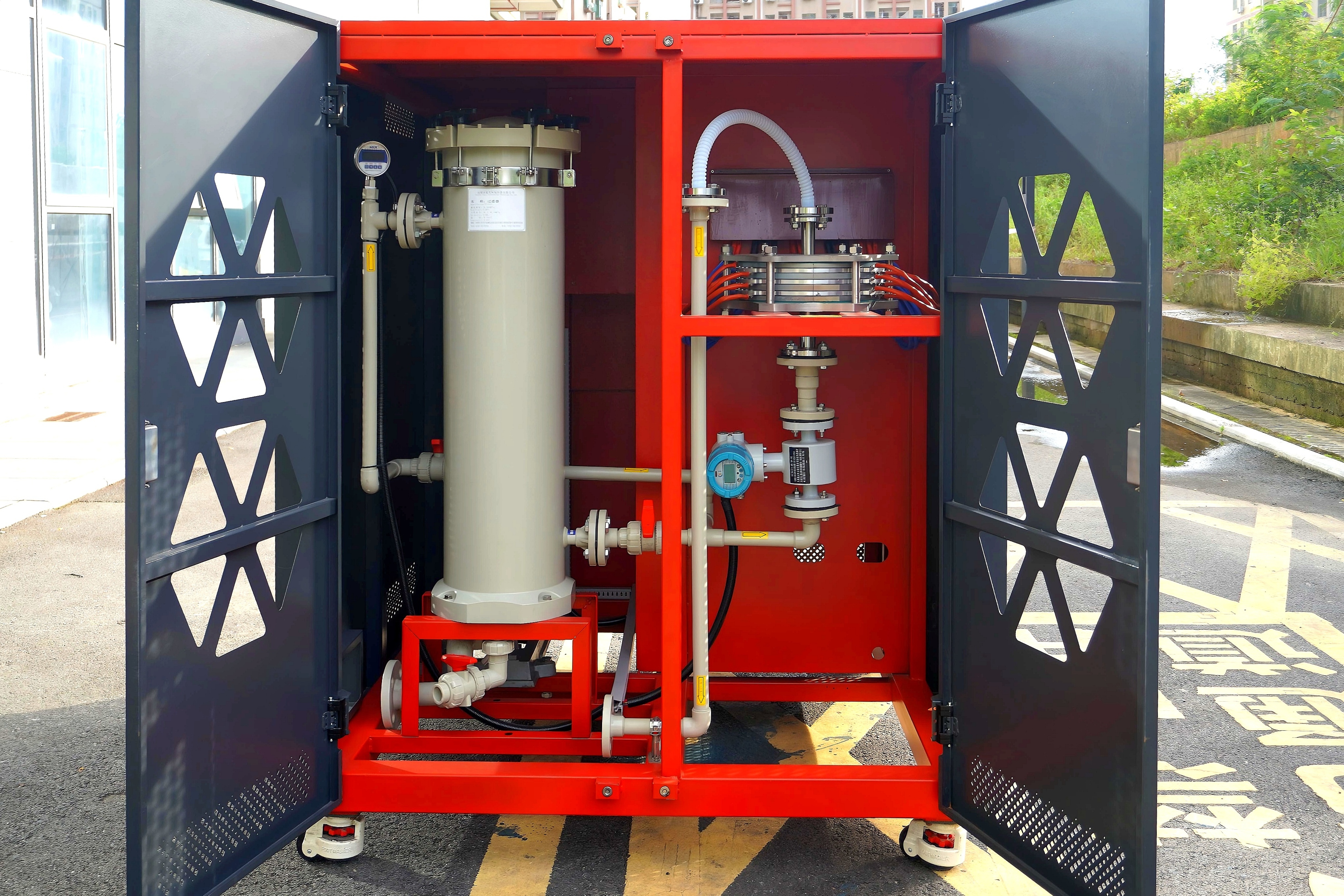 Electrochemical wastewater treatment equipment for petrochemical industries. No chemicals are required, no solid waste is generated, and the electrodes do not scale or clog.