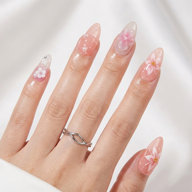 Pink Gradient Almond Nails Pattern False Nails White Flower Bow Pearl Glossy