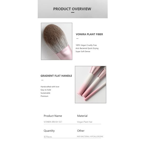 Набор щеток макияжа цвета градиента Vonira 10 PCS розовый белый с логотипом метки частного назначения волокна мозоли