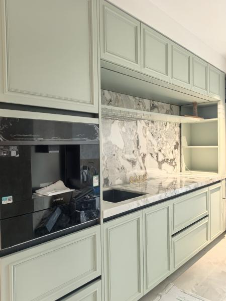 Fadior Full Stainless Steel Custom Kitchen Cabinet - Elegant White & Mint Green, Island Layout
