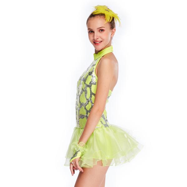 Neon Yellow Fully Sequins Halter Neck Jazz Tap Dance Dress Competition Costumes Sparkly Performance Wear