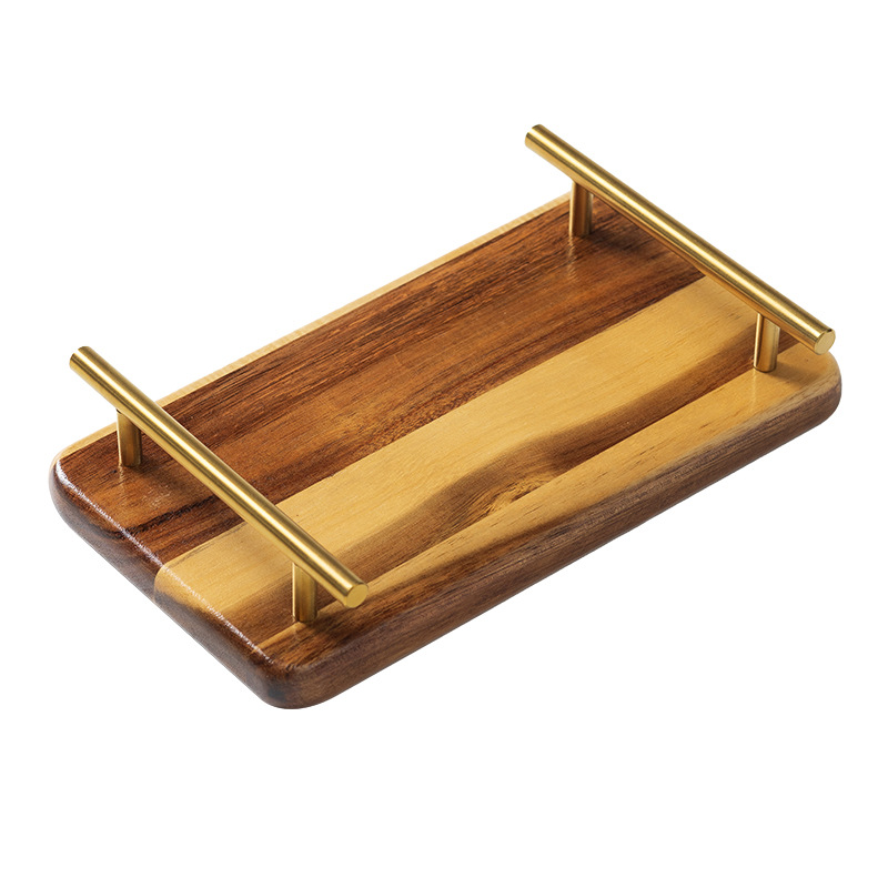 Living Room Storage Tray Wood Plate with Metal Handle for Coffee Cake Tea Dessert