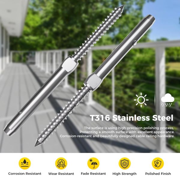 T316 Stainless Steel Cable Railing Hardware with 3/16-inch Stainless Steel Cables and Waterproof Swage Stud Terminal