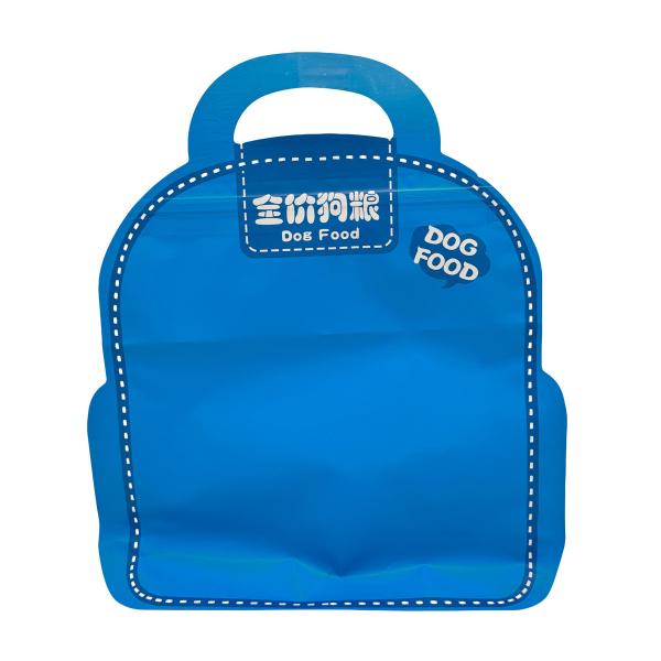 Cute Blue School Bag Shape Flat Bottom Big Bag Of Cat Food Treat Packaging With Handle And Zipper