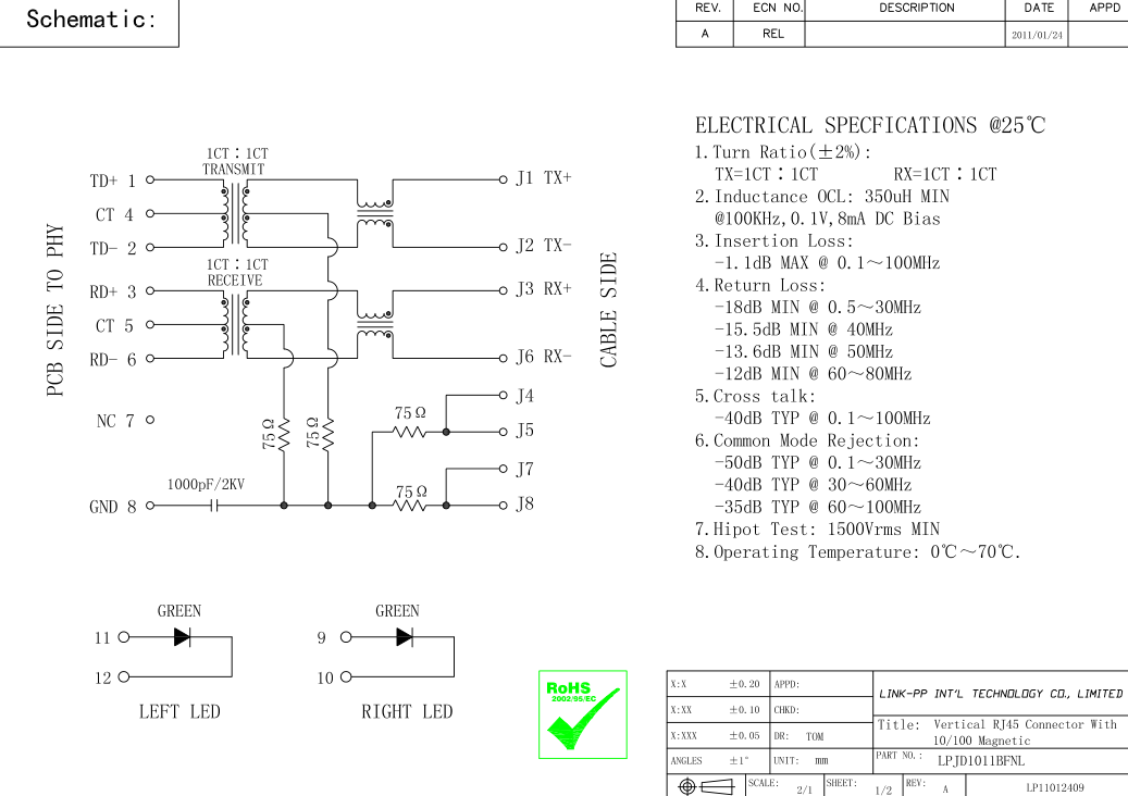 HFJV1-2450-L11RL к IPC всходит на борт вертикальной доски переключателя LPJD1011BFNL сети Rj45
