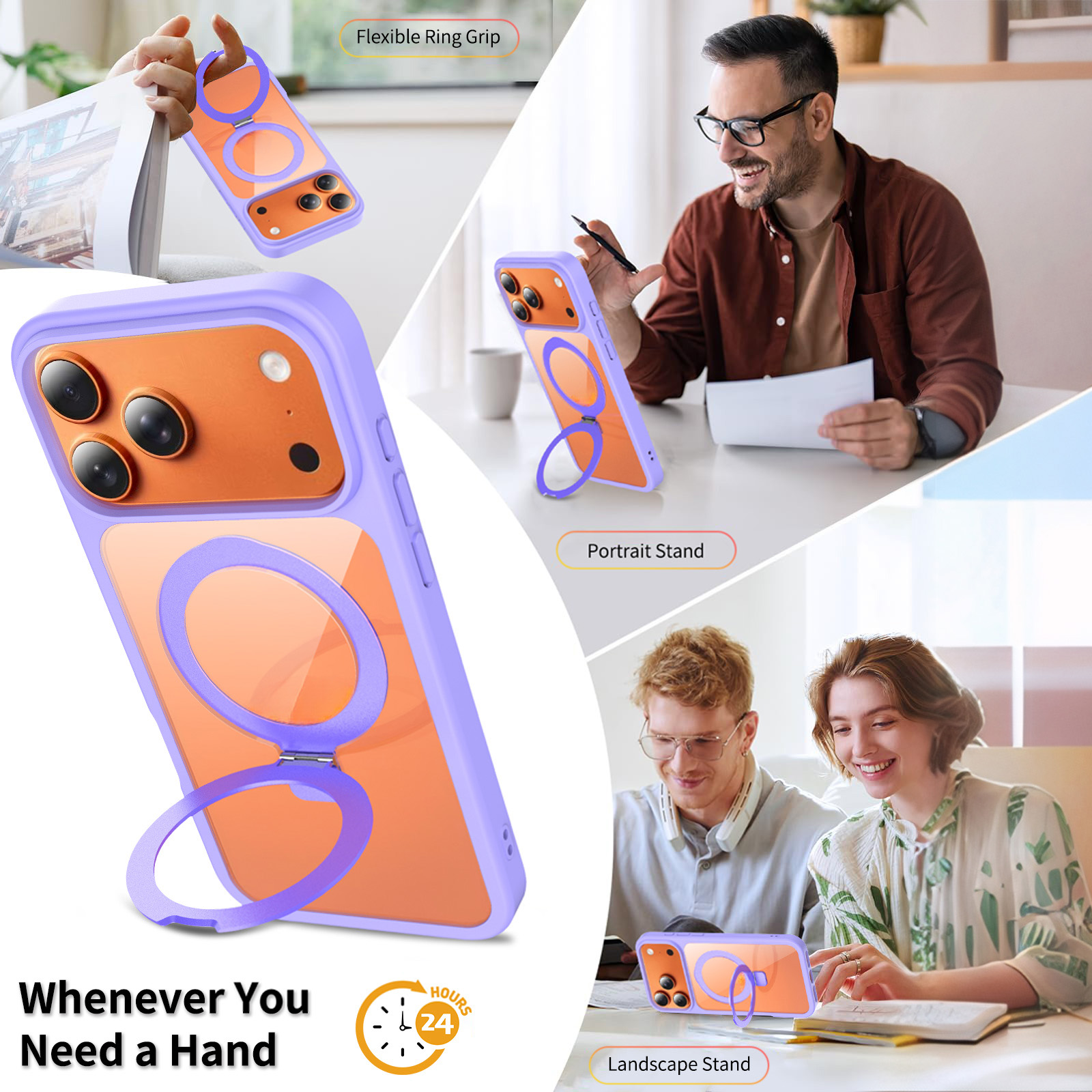 Manufacturer PC+TPU Drop Protection Phone Case Built-in Magnetic Ring Stand Anti Shock Clear Back Shell OEM Custom Logo