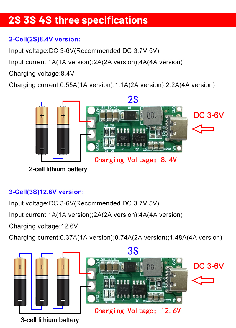 Type C USB Boost Module 1A/2A/4A 18650 Lithium Battery Charger Board BMS 2S 3S 4S Li-Po Polymer Power Bank PCB PCBA