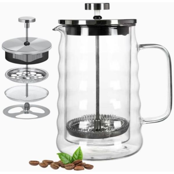 Double Wall Borosilicate Glass French Press Wavy Design Coffee Maker Modern Style