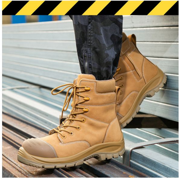 Wheat Cowhide Rubber Sole Glass Fiber Toe Security Guard Work Boots Anti Smashing Kevlar Anti-Proof Work Shoes