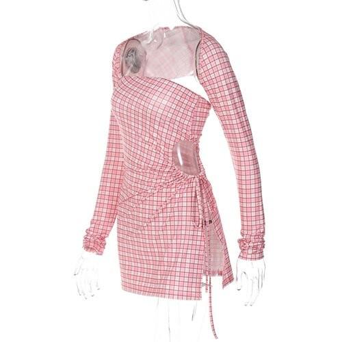 OEM  maufactory long -sleeved short skirt side polyester women's pink lattice dress