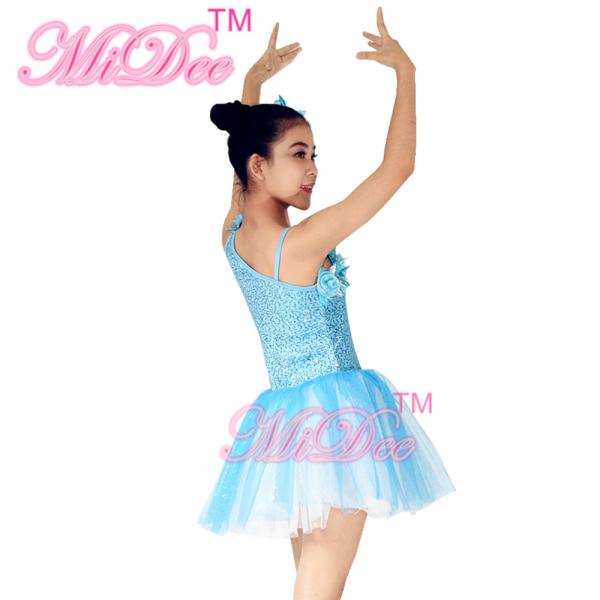 Diagonal Neckline Glitter Floral Tutu Dress Blue Little Girls Dance Clothes