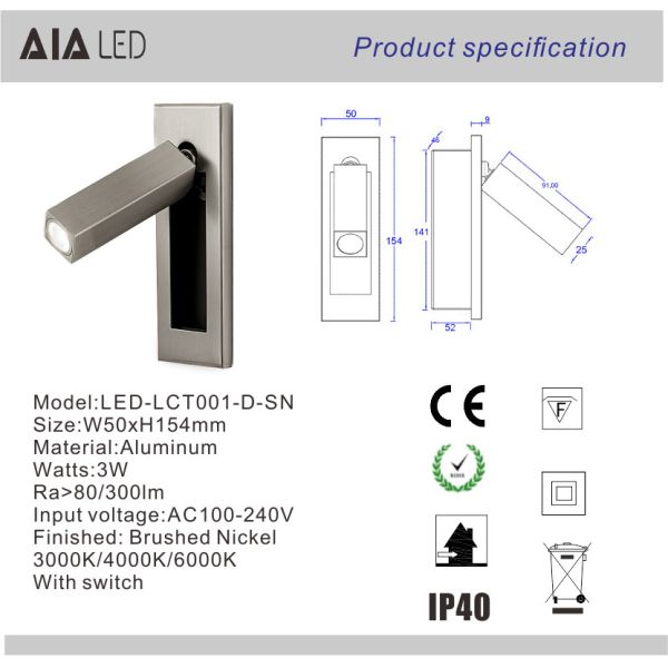 Rotating Recessed mounted bed sides light 3W led bed lighting reading light bed head wall lamp