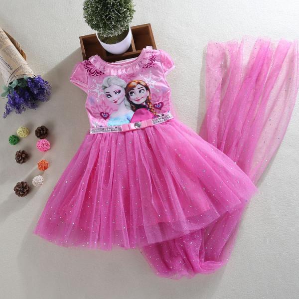 Frozen series princess short sleeve girl's 100% cotton lining sequins  cosplay dress with long cloak