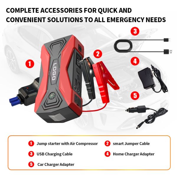 6000mAh 7200mAh 8000mAh Multi Functional Jump Starter Lithium Battery High Power Car Battery Jump Starter Smart Digital Portable Emergency Car Battery Jump Starter with LED Light, Warning Light & SOS