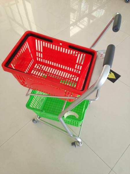Super Market Shopping Basket Trolley , Flat Casters Double Basket Shopping Trolley