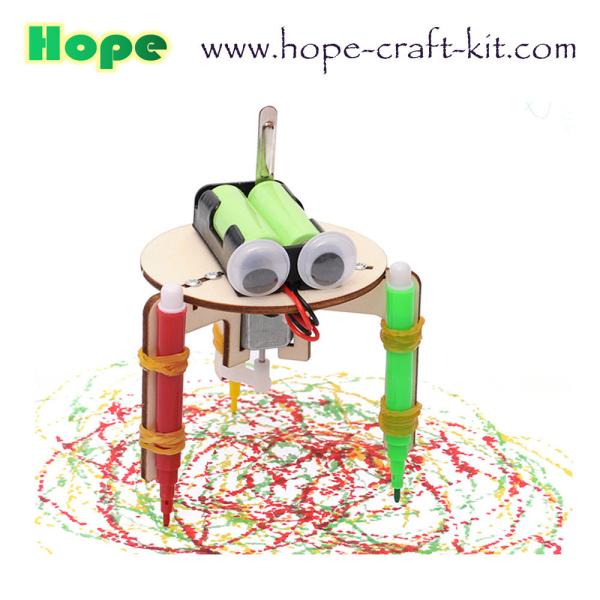 Kids Scientific DIY  Toys Wooden Color Smart Graffiti Doodling Robots Easy Assembly for STEM physics Education OEM ODM