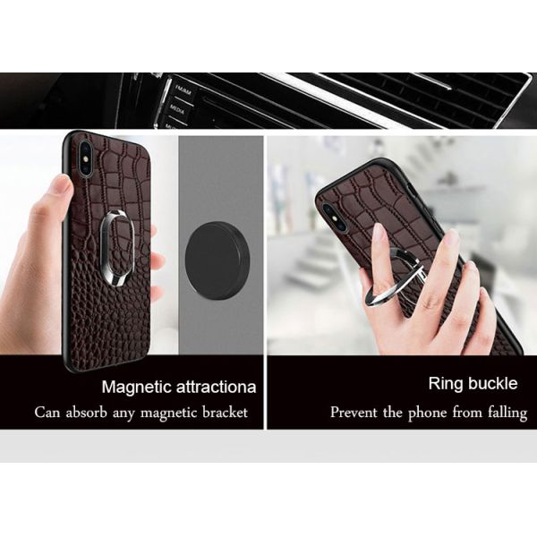 Café Anel Magnético Único Crocodilo Cobertura de telefone de couro genuíno para iPhone 15 Pro Max