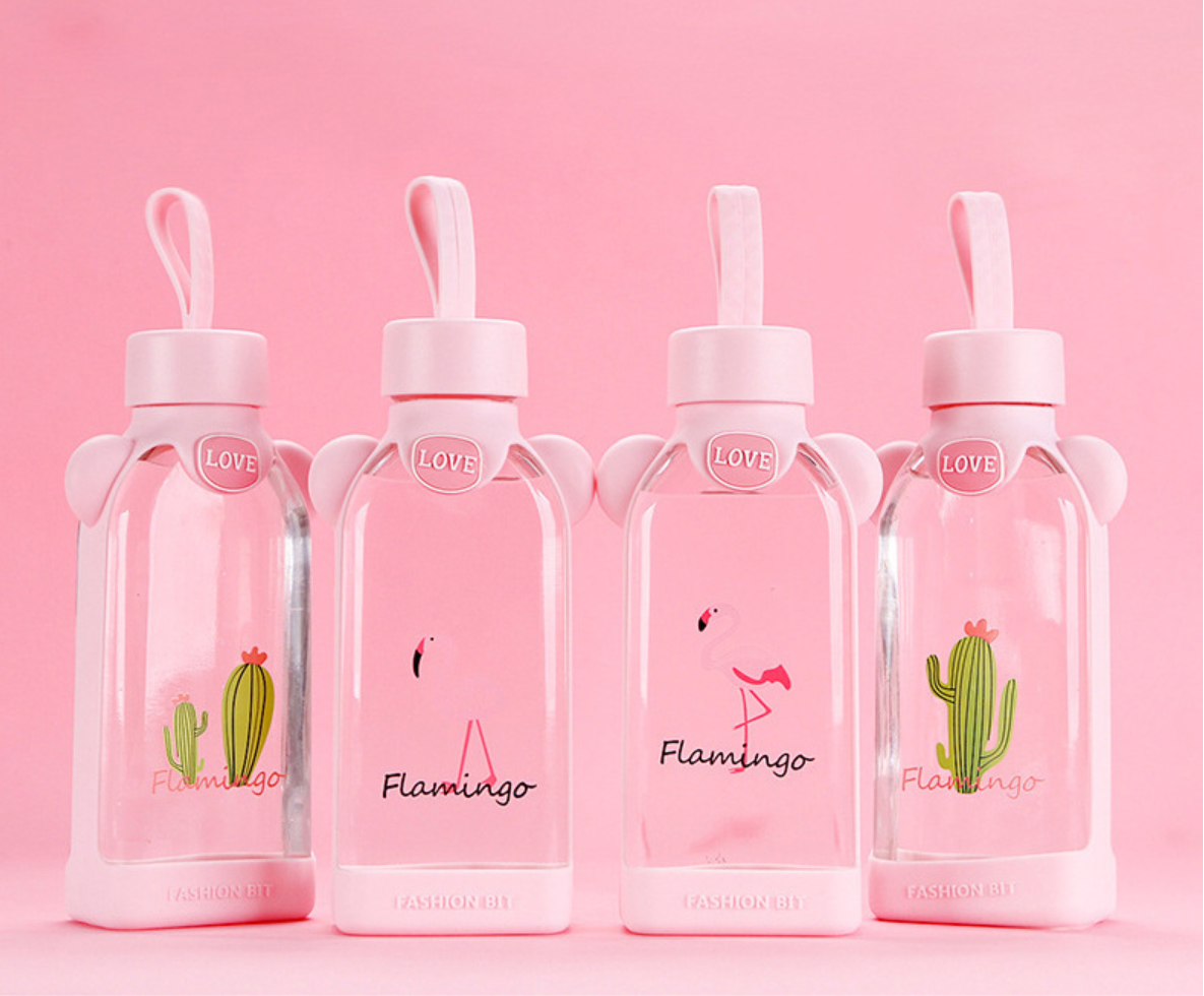 Flamingo Shape Cute Glass Bottle , Pink Glass Bottle With Silicone Sleeve