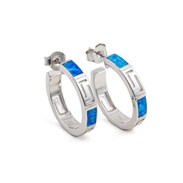 925  With Sterling Silver Greek  Key  Blue   Meander Vintage Sterling Opal Ring Hoop Earrings